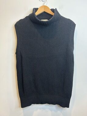 Monk & Lou Chunky Rib Knit Mock Neck Sleeveless Sweater Cotton Blend Black